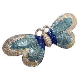 Butterfly-Shaped Glitter Enamel Brooch Pin With Blue & Silver Accents